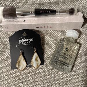 Bvlgari shampoo shower gel, Jasmine Lane Earrings, Mally Brush